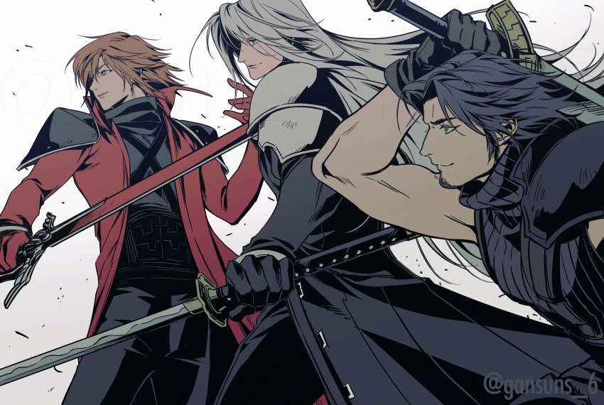 3boys absurdres angeal_hewley armor black_coat black_gloves black_hair black_pants brown_hair chest_strap closed_mouth coat cowboy_shot crisis_core_final_fantasy_vii facial_hair fighting_stance final_fantasy final_fantasy_vii genesis_rhapsodos gloves grey_hair hair_between_eyes hair_over_one_eye highres holding holding_sword holding_weapon jacket katana long_coat long_hair long_sleeves looking_to_the_side male_focus masamune_(ff7) medium_hair multiple_boys pants parted_bangs red_gloves red_jacket roku_(gansuns) sephiroth shoulder_armor sleeveless sleeveless_turtleneck smile soul_patch suspenders sword turtleneck twitter_username weapon white_background