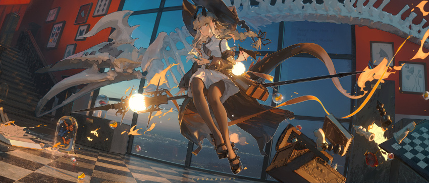 1girl absurdres aqua_eyes arknights artist_name black_coat black_headwear black_ribbon blonde_hair braid chess_piece chessboard coat commentary dragon_horns dragon_tail fire full_body hat high_heels highres horns pantyhose pleated_skirt reed_(arknights) reed_the_flame_shadow_(arknights) reed_the_flame_shadow_(curator)_(arknights) ribbon shirt single_braid skeleton skirt solo staff_riding tail toe_cleavage toto_(caaaaarrot) white_shirt white_skirt window witch_hat