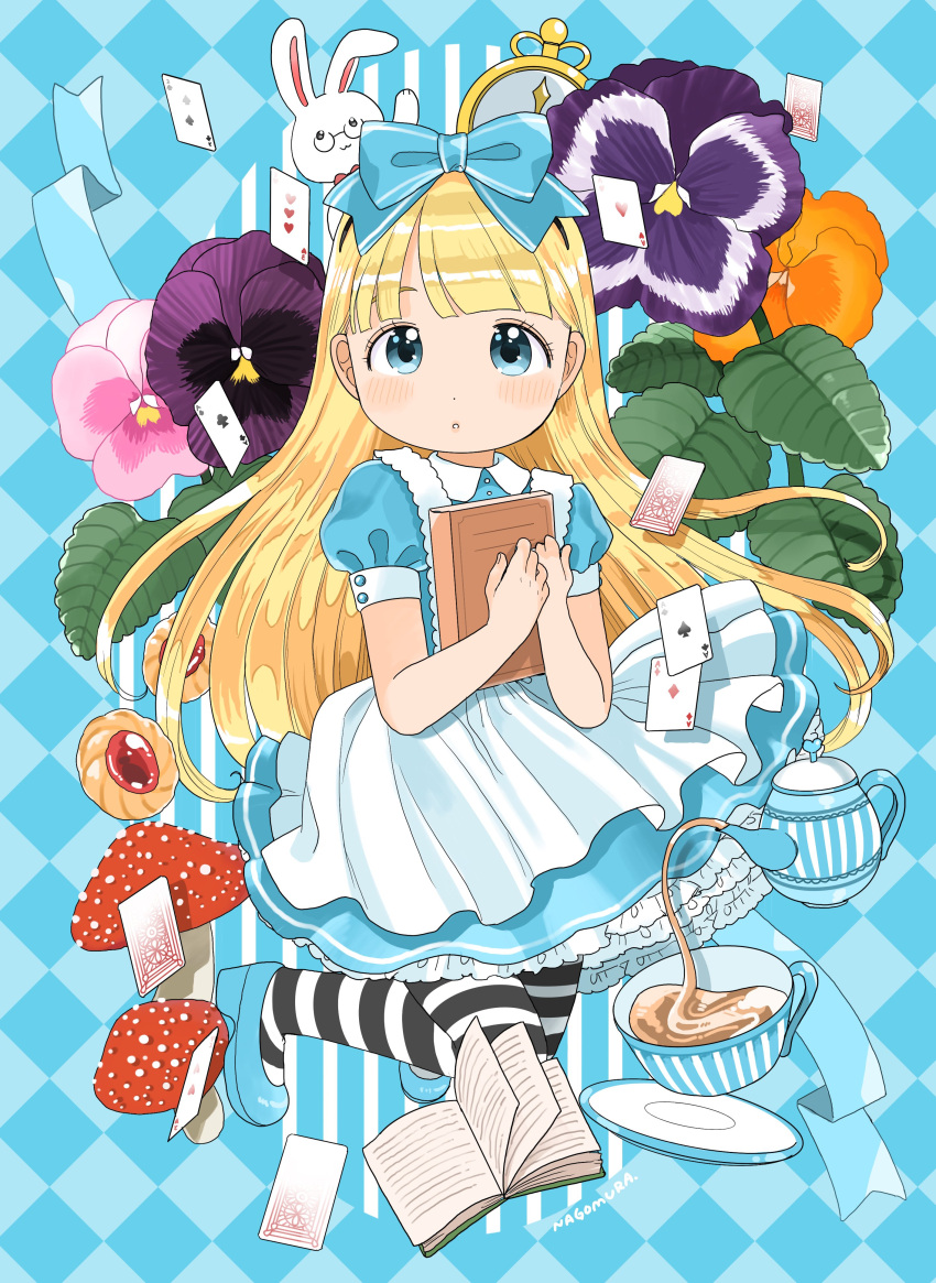1girl absurdres alice_(alice_in_wonderland) alice_in_wonderland analog_clock apron black_socks blonde_hair blue_background blue_eyes blue_footwear blue_ribbon blunt_bangs book card checkered_background clock commentary cookie cup dot_nose floating_hair flower fly_agaric food full_body hair_ribbon highres holding holding_book knees_together_feet_apart light_blue_dress light_blush long_hair looking_at_viewer mushroom nagomurasan open_book pansy parted_lips petticoat playing_card ribbon signature socks solo striped_clothes striped_socks tareme tea teacup very_long_hair white_apron white_rabbit_(alice_in_wonderland) white_socks