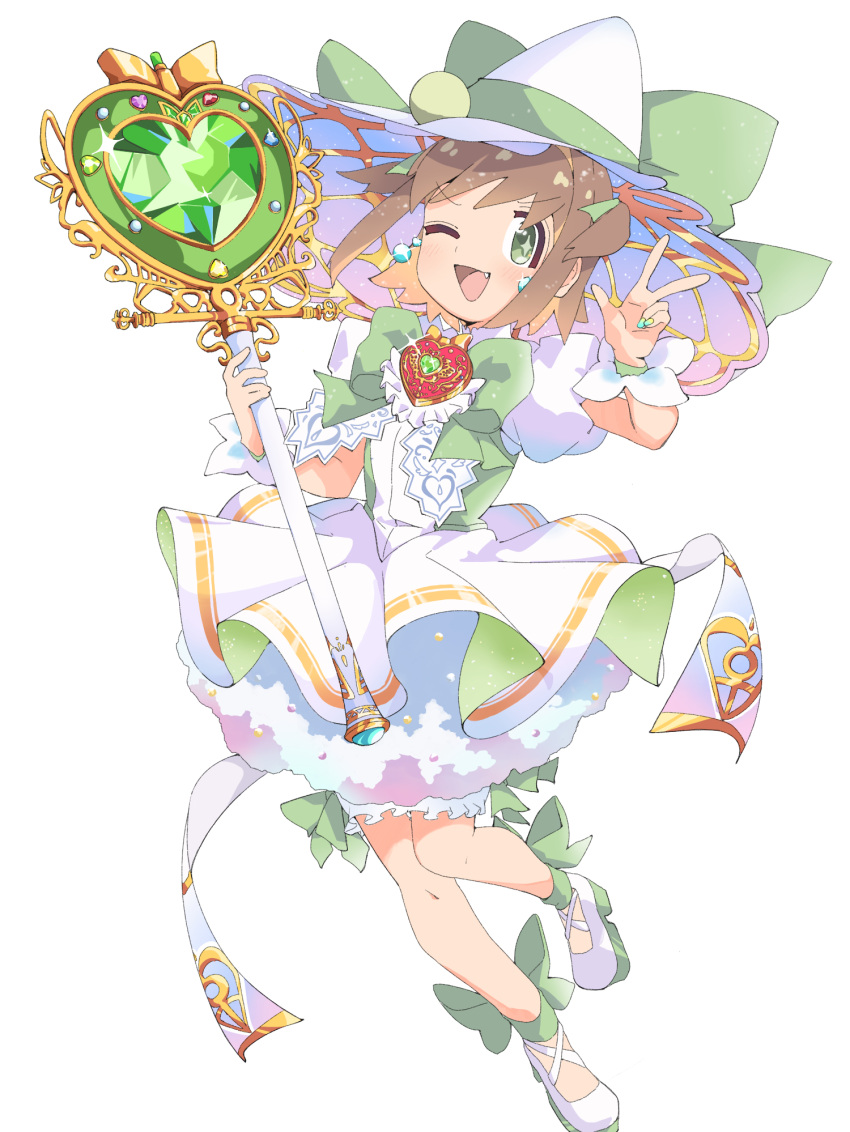 +_+ 1girl ;d alternate_costume ankle_ribbon bare_legs blonde_hair brown_hair colored_inner_hair commentary dress earrings fang full_body gem green_eyes green_ribbon hat heart highres holding holding_scepter jewelry kasutaado_(matumotolove55) leg_ribbon looking_at_viewer multicolored_hair multicolored_nails nail_polish oka_asahi one_eye_closed onii-chan_wa_oshimai! open_mouth petticoat platform_footwear puffy_short_sleeves puffy_sleeves ribbon scepter shoes short_hair short_sleeves simple_background smile solo two-tone_hair two_side_up w white_background