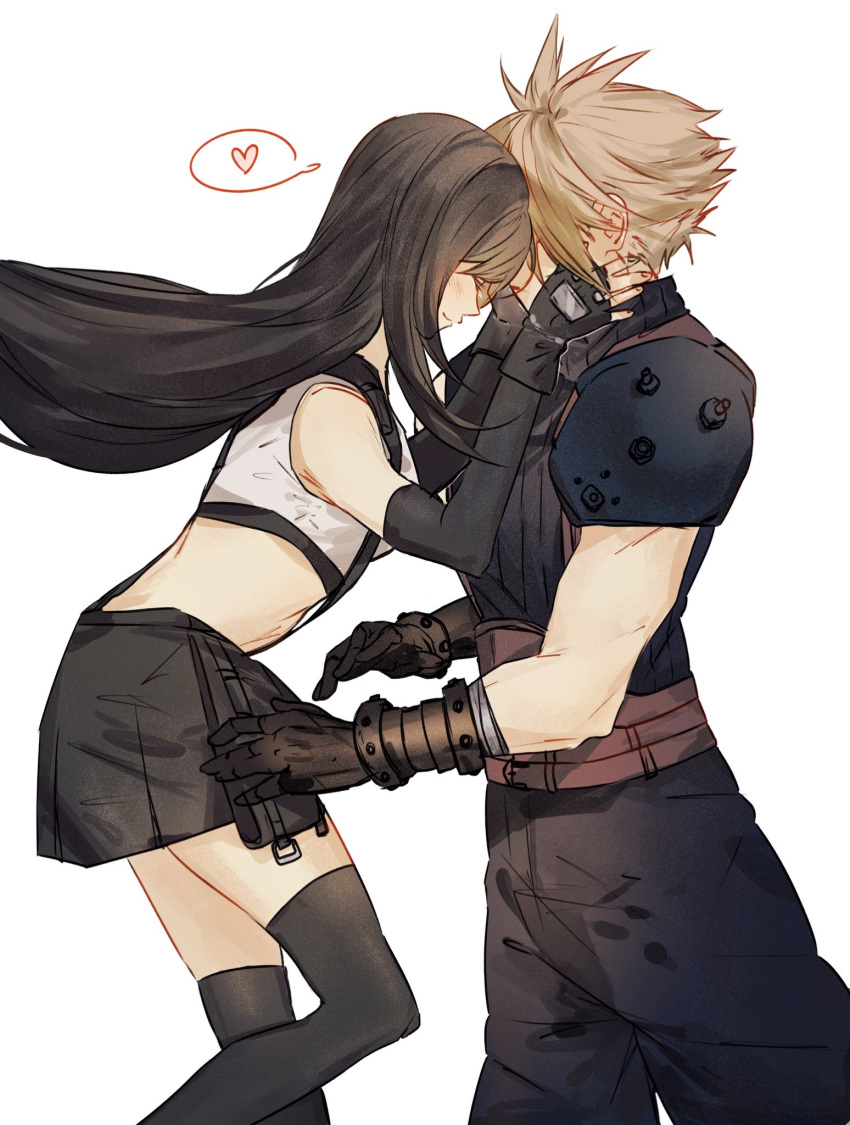 1boy 1girl armor baggy_pants black_gloves black_hair black_skirt black_thighhighs blonde_hair closed_eyes closed_mouth cloud_strife couple crop_top elbow_gloves feet_out_of_frame final_fantasy final_fantasy_vii final_fantasy_vii_rebirth final_fantasy_vii_remake fingerless_gloves forehead-to-forehead from_side gloves hands_on_another's_face heads_together heart highres light_blush long_hair pants ribbed_sweater sera_(serappi) short_hair shoulder_armor simple_background skirt sleeveless sleeveless_turtleneck smile spiky_hair spoken_heart suspender_skirt suspenders sweater tank_top thigh-highs tifa_lockhart turtleneck turtleneck_sweater white_tank_top zettai_ryouiki