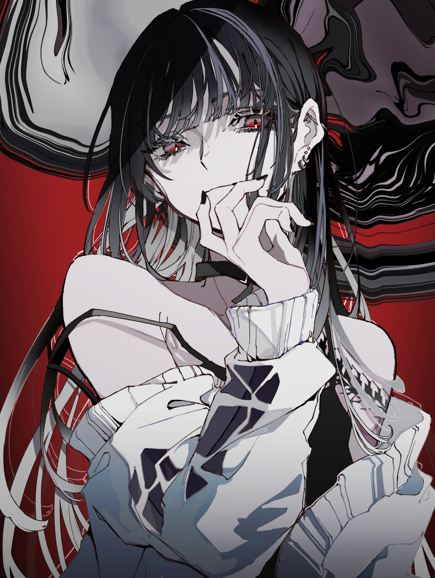 1girl absurdres bare_shoulders black_hair bow bowtie character_request copyright_request earrings grey_hair highres jacket jewelry long_hair long_sleeves looking_at_viewer multicolored_hair orihara_(ewkkyorhr) red_background red_eyes solo striped_hair tagme tattoo two-tone_hair