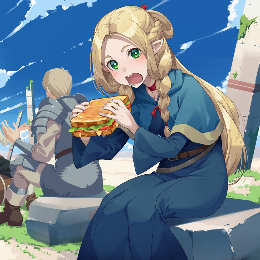 1girl 2boys absurdres armor blonde_hair blue_capelet blue_robe blue_sky braid capelet chilchuck_tims choker clouds day dungeon_meshi elf food green_eyes highres holding holding_food hood hooded_capelet laios_thorden long_hair marcille_donato moss mukunokino_isshiki multiple_boys multiple_braids open_mouth outdoors plate_armor pointy_ears red_choker robe rock sandwich sitting sky