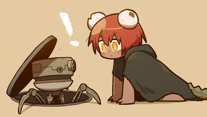 ! 1other :&lt; androgynous barefoot black_robe bright_pupils brown_background bun_cover closed_mouth commentary_request dark_skin deformed from_side highres hood hood_down hooded_robe kneeling lizard_tail looking_at_another manhole manhole_cover non-humanoid_robot original redhead robe robot short_hair solo tail takurada v-shaped_eyebrows white_pupils yellow_eyes