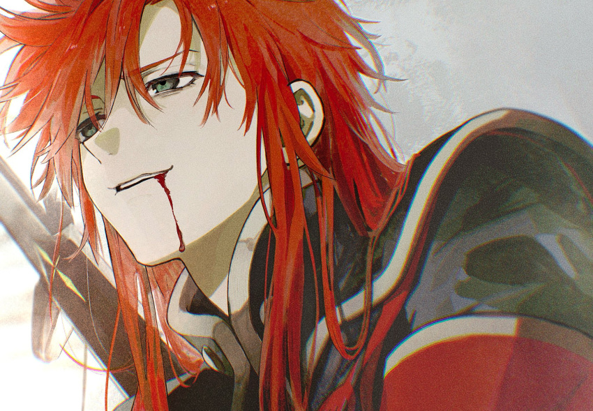 1boy asch_(tales) blood blood_from_mouth commentary_request eyelashes green_eyes grey_background highres long_hair male_focus meba parted_lips redhead scene_reference simple_background smile solo spoilers tales_of_(series) tales_of_the_abyss upper_body white_trim