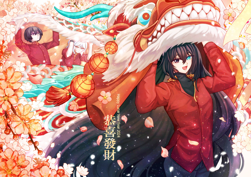 1girl 2024 2boys absurdres black_eyes black_hair blue_eyes chinese_clothes chinese_new_year chinese_text dragon eastern_dragon faust_(project_moon) flower gredell_elle heterochromia highres hong_lu_(project_moon) limbus_company long_hair medium_hair multiple_boys plant project_moon short_hair tagme violet_eyes yi_sang_(project_moon)