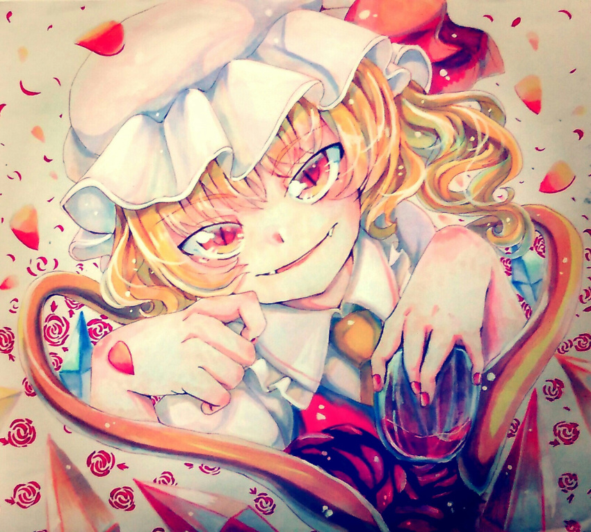 1girl blonde_hair collared_shirt crystal fangs flandre_scarlet flower frilled_shirt_collar frills hat highres looking_at_viewer matsukuzu mob_cap nail_polish open_mouth puffy_short_sleeves puffy_sleeves red_eyes red_flower red_nails red_petals red_rose red_vest rose shirt short_sleeves simple_background solo touhou upper_body vest white_headwear white_shirt wings