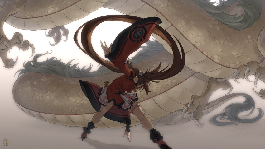 1girl ankle_boots ankle_cuffs armor boots brown_hair china_dress chinese_clothes commentary detached_sleeves dragon dress eastern_dragon english_commentary fighting_stance from_behind full_body guilty_gear guilty_gear_xrd high_heel_boots high_heels highres irene_koh japanese_armor kneepits kote kuradoberi_jam long_hair pink_skirt red_dress single_hair_ring size_difference skirt skirt_under_dress solo_focus thigh_strap very_long_hair wide_sleeves