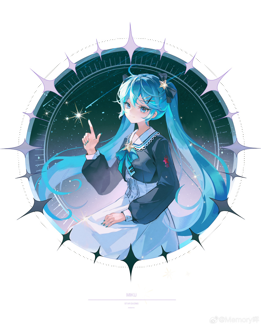 1girl absurdres alternate_costume aqua_bow aqua_bowtie black_background black_shirt blue_nails border bow bowtie breasts character_name circle closed_mouth diamond_(shape) dotted_line english_text gradient_background hair_ornament hairclip hand_on_own_leg hatsune_miku highres index_finger_raised invisible_chair lace-trimmed_sailor_collar long_sleeves mie_haha puffy_long_sleeves puffy_sleeves purple_background sailor_collar shirt shooting_star sitting skirt small_breasts smile solo sparkle star_(sky) star_(symbol) two-tone_background vocaloid weibo_logo weibo_username white_border white_sailor_collar white_skirt x_hair_ornament