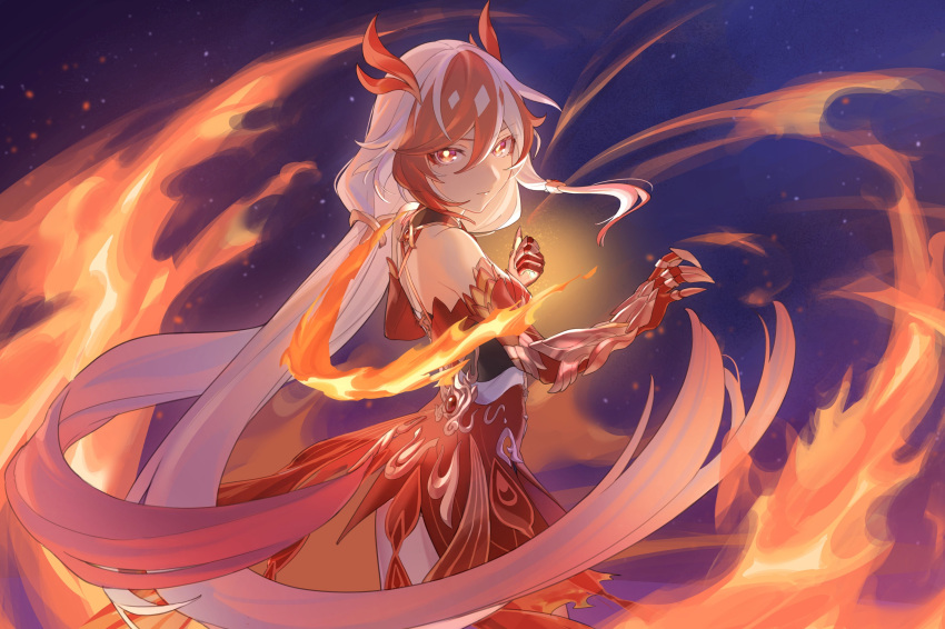 1girl absurdres animal_hands bare_shoulders chinese_clothes claws closed_eyes detached_sleeves elbow_gloves eyeliner fire fu_hua fu_hua_(fenghuang_of_vicissitude) gloves hair_between_eyes highres honkai_(series) honkai_impact_3rd karame_rise long_hair looking_at_viewer low-tied_long_hair low_twintails makeup multicolored_hair red_eyeliner red_eyes red_gloves red_scales redhead solo streaked_hair symbol-shaped_pupils tail twintails two-tone_hair white_hair yellow_pupils