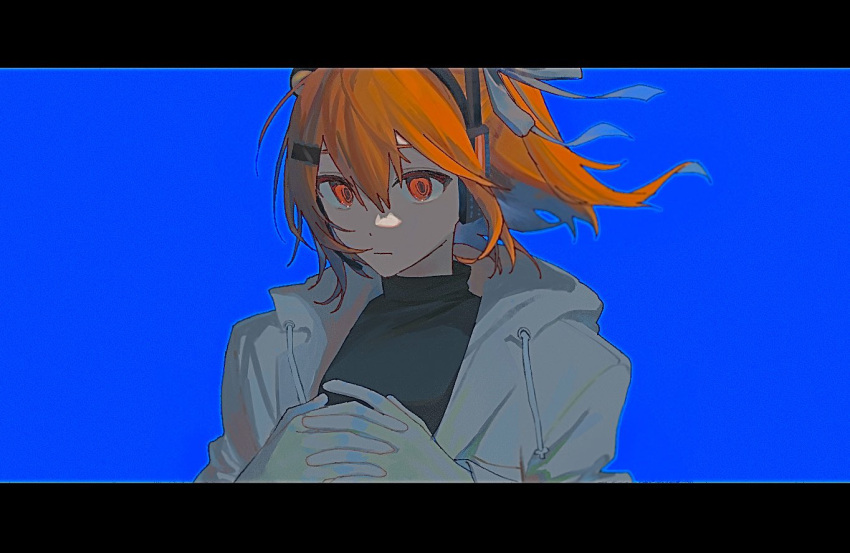 1girl a.i._voice adachi_rei black_shirt blue_background blue_outline closed_mouth commentary expressionless floating_hair gloves grey_gloves grey_jacket hair_ribbon hands_up headlamp headset hood hood_down hooded_jacket interlocked_fingers jacket letterboxed looking_at_viewer one_side_up open_clothes open_jacket orange_hair outline own_hands_together ribbon shirt simple_background solo tousho_saku turtleneck utau white_ribbon