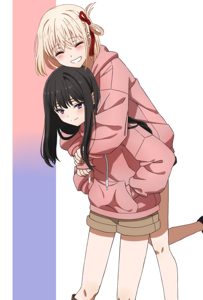 2girls arms_around_neck black_hair blonde_hair brown_shorts carrying closed_mouth commentary_request hair_ribbon hands_in_pockets highres hood hoodie hug hug_from_behind inoue_takina long_hair lycoris_recoil multiple_girls nishikigi_chisato oiun parted_lips piggyback pink_hoodie red_ribbon ribbon short_hair short_shorts shorts simple_background smile violet_eyes