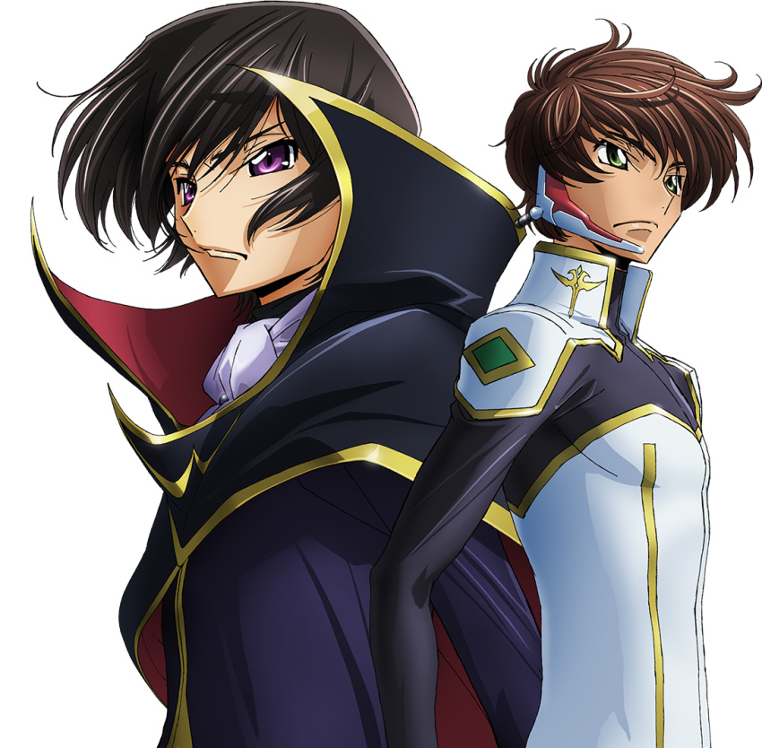2boys arm_at_side artist_request ascot black_cape black_coat black_hair bodysuit brown_hair cape closed_mouth coat code_geass code_geass:_lost_stories earpiece game_cg gold_trim green_eyes high_collar kururugi_suzaku lelouch_vi_britannia long_sleeves looking_afar male_focus multiple_boys non-web_source official_art short_hair simple_background standing transparent_background two-sided_cape two-sided_fabric upper_body v-shaped_eyebrows violet_eyes white_ascot white_bodysuit