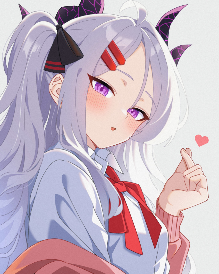 1girl ahoge black_horns blue_archive blush breasts cardigan collared_shirt demon_horns finger_heart grey_hair heart highres hina_(blue_archive) horns karaage_(xxxmido02) long_hair long_sleeves looking_at_viewer multiple_horns neck_ribbon parted_lips pink_cardigan red_ribbon ribbon shirt small_breasts solo violet_eyes white_shirt