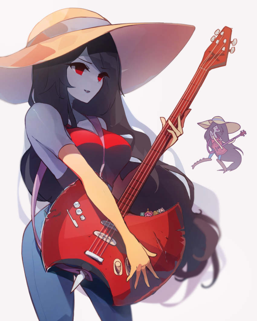 1girl adventure_time axe battle_axe bmo colored_skin commentary cowboy_shot denim elbow_gloves fang finn_the_human gloves grey_skin guitar hat hat_ribbon highres instrument jake_the_dog jeans kaliningradg long_hair marceline_abadeer music pants playing_instrument princess_bonnibel_bubblegum red_eyes red_tank_top reference_inset ribbon simple_background sun_hat symbol-only_commentary tank_top very_long_hair weapon white_background yellow_gloves