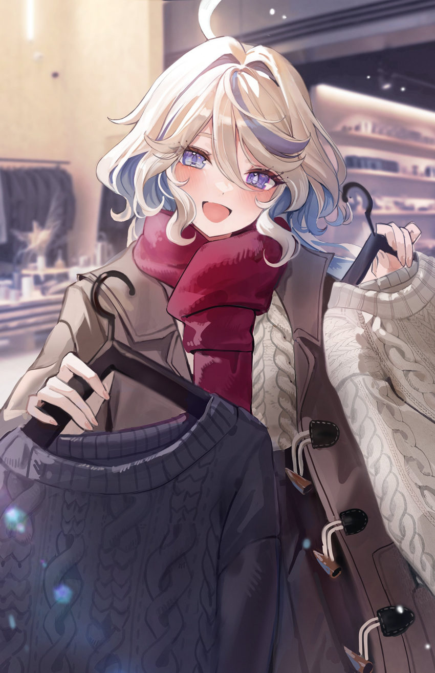 1girl absurdres alternate_costume black_skirt black_sweater blue_hair blush brown_coat casual coat colored_inner_hair dasha furina_(genshin_impact) genshin_impact grey_hair grey_sweater heterochromia highres holding holding_clothes_hanger indoors looking_at_viewer mismatched_pupils multicolored_hair open_mouth pleated_skirt red_scarf scarf skirt solo streaked_hair sweater