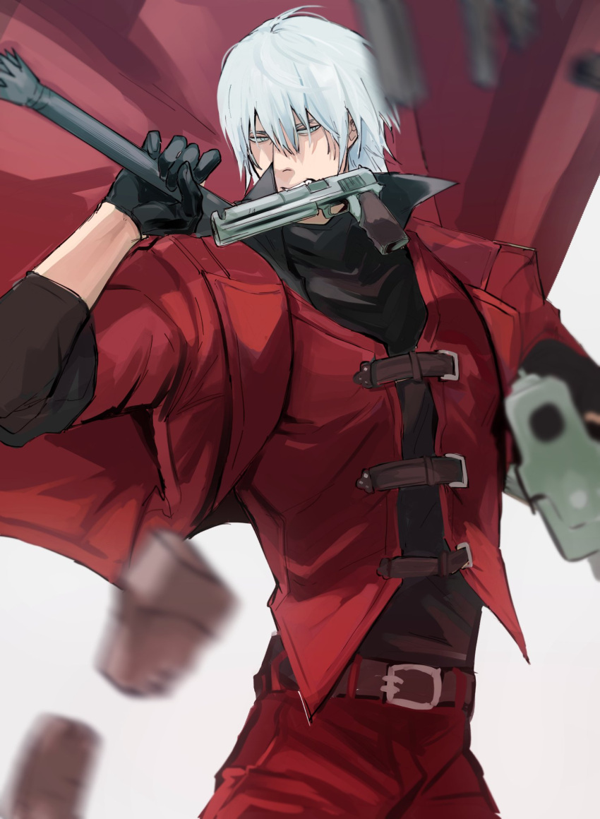 1boy blue_eyes coat dante_(devil_may_cry) devil_may_cry_(anime) devil_may_cry_(series) ebony_&amp;_ivory facial_hair gloves gun gun_in_mouth hair_between_eyes highres holding holding_gun holding_weapon looking_at_viewer male_focus minooxxis open_mouth rebellion_(sword) red_coat solo stepping stubble weapon white_hair