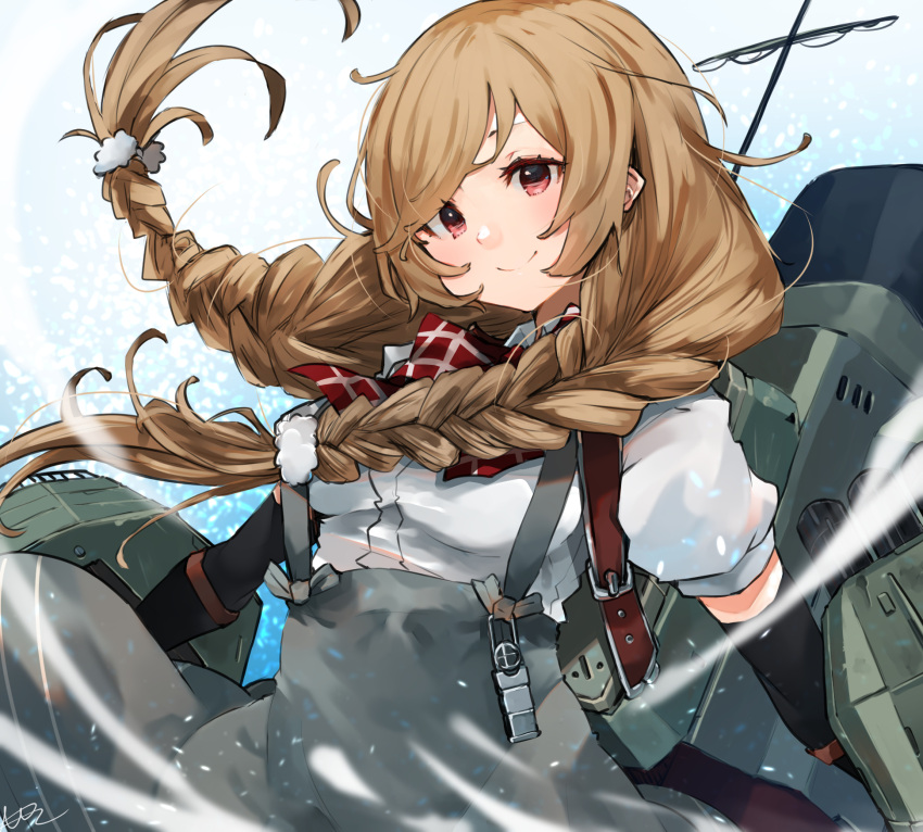 1girl arm_warmers bow bowtie braid breasts brown_hair hair_ornament highres kantai_collection long_hair looking_at_viewer medium_breasts minegumo_(kancolle) red_bow red_bowtie red_eyes reverse_suspended_congress rigging shirt sidelocks signature simple_background smile solo sunday_aki suspenders twin_braids white_shirt