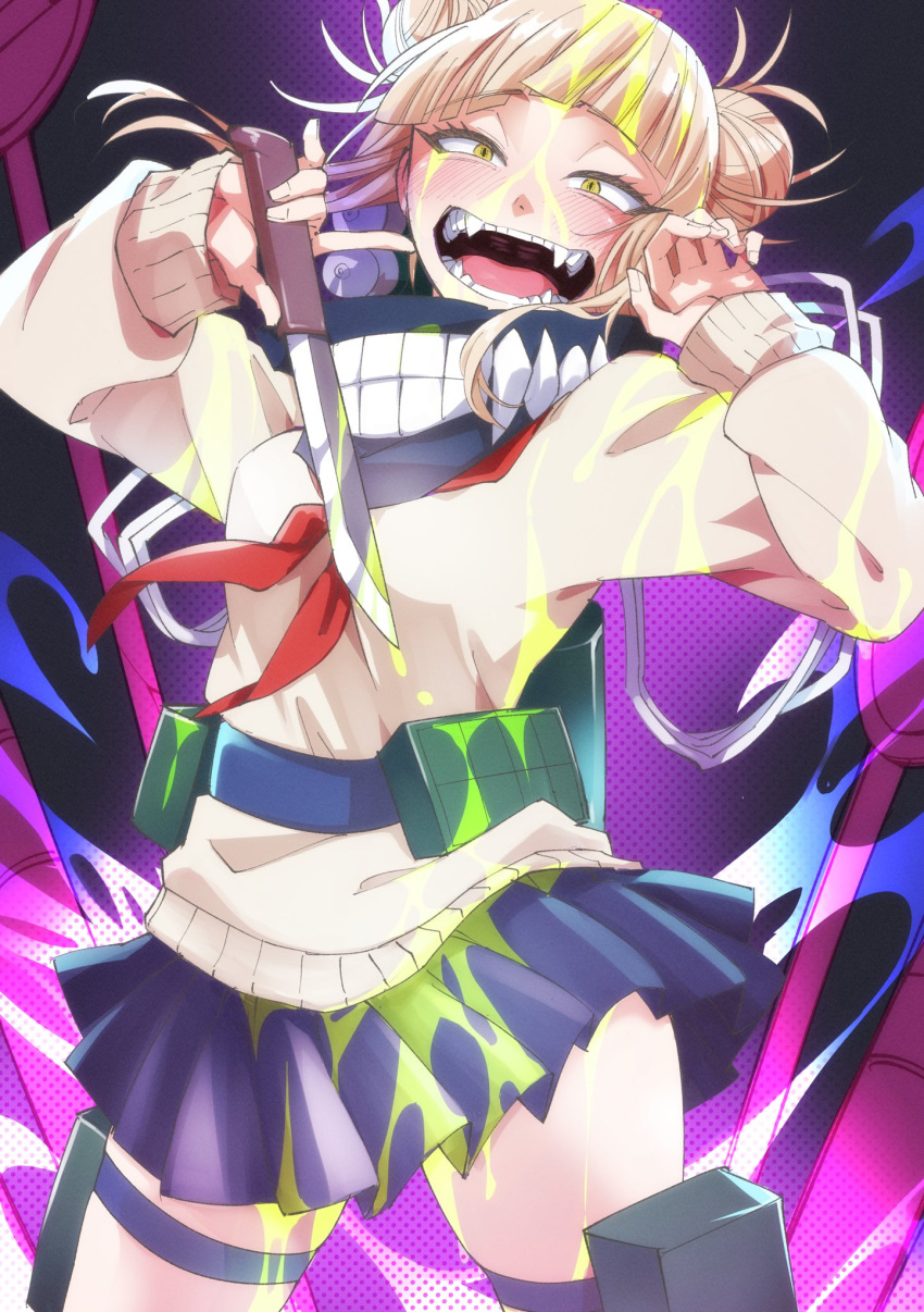 1girl bags_under_eyes blonde_hair blue_sailor_collar blue_skirt blunt_bangs boku_no_hero_academia cardigan double_bun fangs hair_bun highres holding holding_knife knife looking_at_viewer messy_hair neckerchief open_mouth pleated_skirt red_neckerchief sailor_collar skirt slit_pupils solo teeth tofu_nora toga_himiko yellow_cardigan yellow_eyes