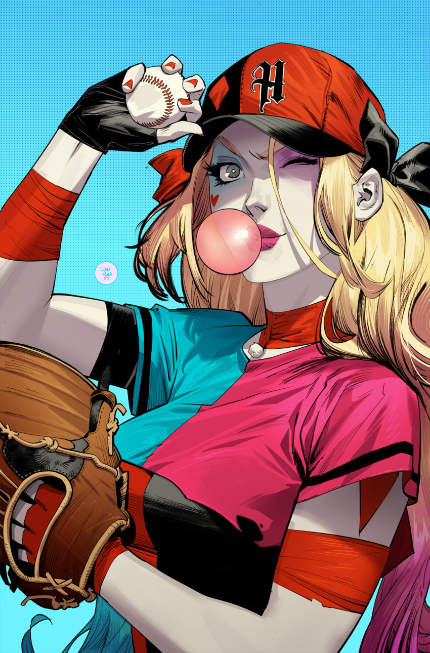1girl ball baseball baseball_cap baseball_mitt baseball_uniform batman_(series) black_gloves blue_background blue_eyes blue_eyeshadow blue_hair breasts bright_pupils chewing_gum comic_cover cover_image dan_mora dc_comics english_commentary eyeshadow facial_mark gloves gradient_hair hair_behind_ear harley_quinn hat heart heart_facial_mark highres holding holding_ball long_hair makeup medium_breasts multicolored_hair official_art pale_skin pink_eyeshadow pink_hair pink_lips red_nails solo sportswear two-tone_headwear upper_body very_long_hair western_comics_(style) white_pupils