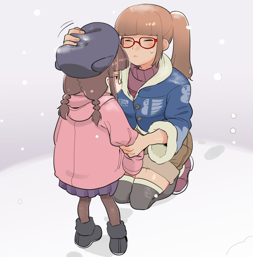2girls black_eyes black_footwear black_thighhighs blue_coat brown_hair brown_pantyhose coat day facing_another freckles glasses hand_on_another's_headwear highres holding_own_arm kneeling multiple_girls original outdoors pantyhose pink_coat ponytail red-framed_eyewear shoes sidelocks sleeves_past_fingers sleeves_past_wrists snow sweatdrop sweater thigh-highs tranqu_color twintails