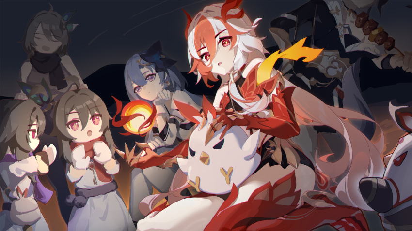 6+girls :o animal animal_on_leg asc11 bird black_scarf black_sports_bra blue_hair blue_headwear breasts chinese_clothes chinese_commentary claws closed_eyes closed_mouth dual_persona earrings eating fire food fu_hua fu_hua_(herrscher_of_sentience) gloves griseo griseo_(cosmic_expression) hair_between_eyes hand_on_own_chin head_out_of_frame highres holding honkai_(series) honkai_impact_3rd jewelry jingwei_(bird) light_blue_hair long_hair multiple_girls open_mouth orb purple_scarf red_eyes red_rope red_scarf red_thighhighs redhead rope scarf sitting small_breasts sports_bra standing stick thigh-highs violet_eyes vita_(honkai_impact) vita_(young)_(honkai_impact) white_gloves white_hair white_thighhighs yellow_pupils