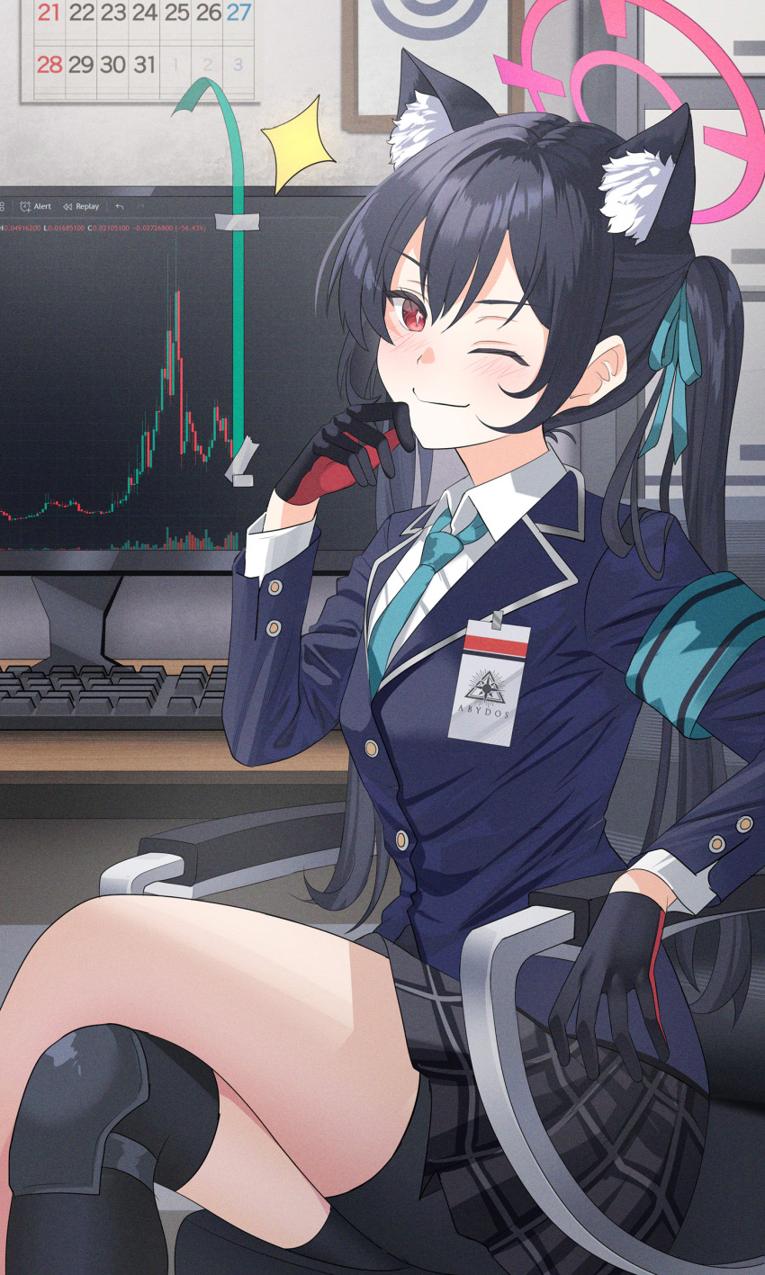 1girl absurdres animal_ear_fluff animal_ears bike_shorts black_gloves black_hair black_shorts black_skirt blue_archive blue_coat blue_necktie blush calendar_(object) cat_ears cat_girl closed_mouth coat dated_commentary gloves halo highres keyboard_(computer) knee_pads lapels looking_at_viewer monitor necktie one_eye_closed pink_halo red_eyes red_gloves serika_(blue_archive) shirt shorts single_knee_pad sitting skirt smile solo sysen twintails two-tone_gloves white_shirt