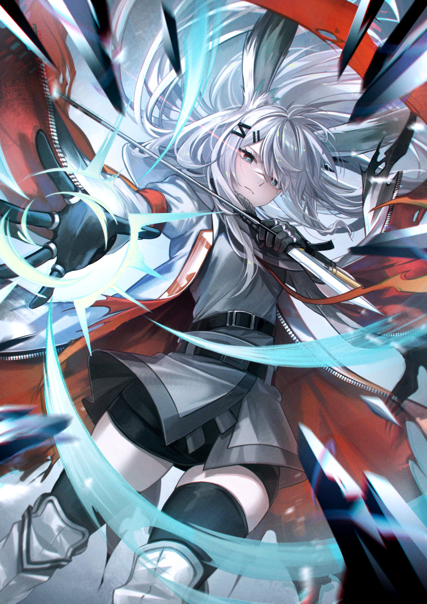 1girl animal_ears arknights black_gloves black_skirt blue_eyes breasts coat dress expressionless floating_hair frostnova_(arknights) frown gloves hair_ornament hair_over_one_eye hairclip hands_up highres ice jewelry knife kyusoukyu long_hair looking_at_viewer medium_breasts miniskirt multiple_rings open_clothes open_coat originium_arts_(arknights) rabbit_ears rabbit_girl reaching ring serious skirt small_breasts solo standing thigh-highs thighs torn_clothes torn_coat very_long_hair white_coat white_hair