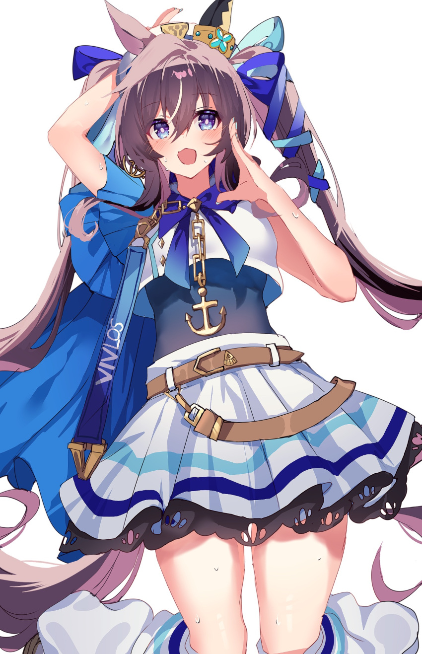1girl :3 :d animal_ears arm_up belt blue_ribbon blush brown_belt brown_hair character_name covered_navel crop_top ear_covers earrings feet_out_of_frame hair_between_eyes hair_ribbon highres horse_ears horse_girl horse_tail jewelry legs_up long_hair looking_at_viewer loose_socks midriff mole mole_under_eye multicolored_hair neck_ribbon open_mouth ribbon sailor_collar sailor_shirt sb_(akagikeai) shirt simple_background single_ear_cover single_earring skirt sleeveless sleeveless_shirt smile socks solo streaked_hair tail twintails umamusume v violet_eyes vivlos_(umamusume) white_background white_footwear white_headwear white_shirt white_skirt white_socks