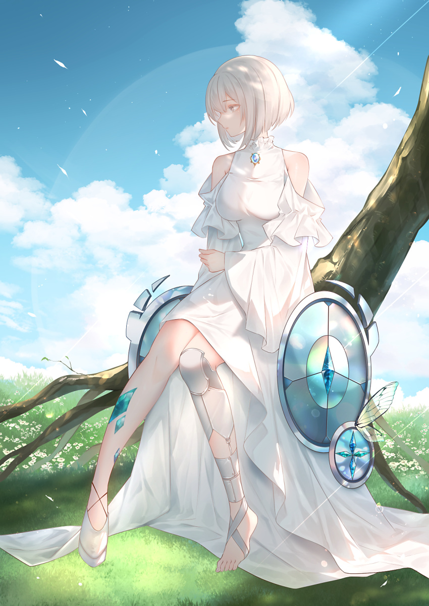 1girl bare_shoulders blue_sky bob_cut brown_eyes closed_mouth clouds commentary_request cumulonimbus_cloud day dress full_body grass grey_hair haruhitooo highres long_sleeves looking_to_the_side original outdoors shield short_hair single_barefoot sitting sky solo white_dress wide_sleeves