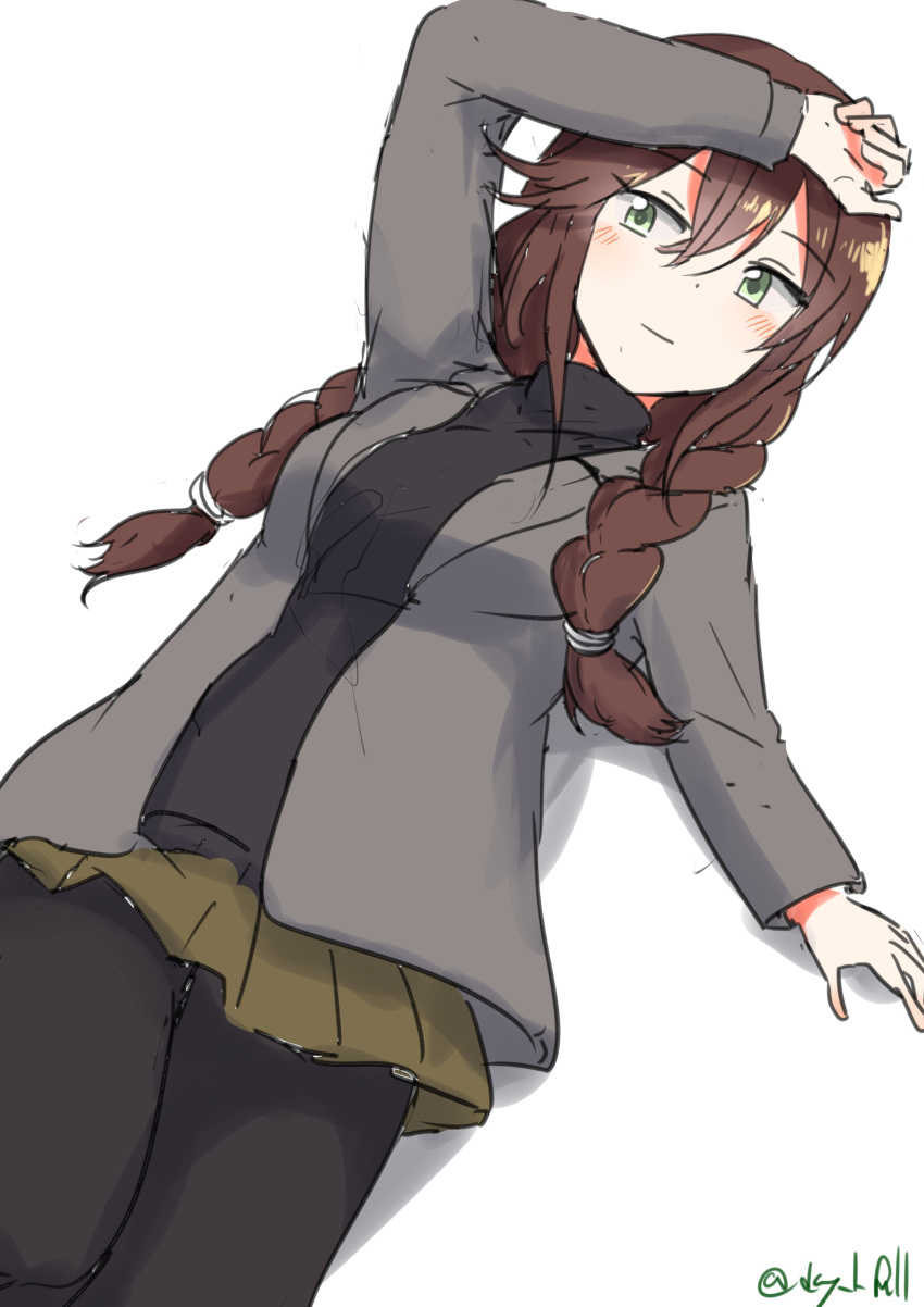 1girl absurdres black_pantyhose black_sweater braid brown_hair cowboy_shot green_eyes grey_jacket grey_skirt highres jacket kantai_collection long_hair noshiro_(kancolle) official_alternate_costume one-hour_drawing_challenge pantyhose robinson_(day_l_full) skirt solo sweater twin_braids twintails twitter_username