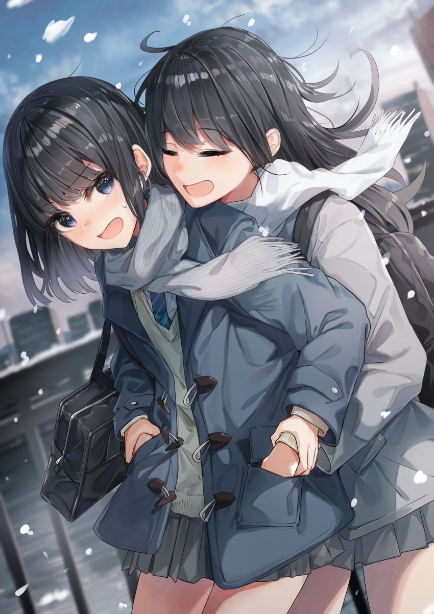 2girls :d =_= bag black_hair blue_coat blue_eyes blue_necktie cardigan closed_eyes coat commentary_request cowboy_shot cowlick d: dutch_angle grey_coat grey_scarf grey_skirt hand_in_another's_pocket happy highres holding_another's_wrist hug hug_from_behind kurokuro_illust light_blush long_hair looking_back messy_hair multiple_girls necktie open_mouth original outdoors pleated_skirt raised_eyebrow scarf school_bag school_uniform shirt sideways_glance skirt smile surprised sweatdrop white_scarf white_shirt winter