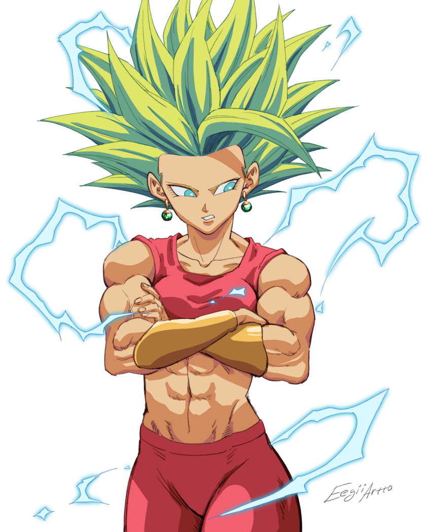 1girl abs absurdres aqua_eyes armlet artist_name bare_arms blonde_hair bracelet bracer breasts collarbone commentary crop_top crossed_arms crosshatching dragon_ball dragon_ball_super earrings eegiiartto english_commentary eyelashes fusion green_hair hatching_(texture) highres jewelry kefla_(dragon_ball) leggings lightning long_bangs looking_to_the_side medium_breasts midriff muscular muscular_female navel open_mouth pants potara_earrings red_pants red_shirt shirt signature simple_background sleeveless solo spiky_hair sports_bra standing super_saiyan super_saiyan_2 tank_top tight_clothes toned upper_body v-shaped_eyebrows white_background