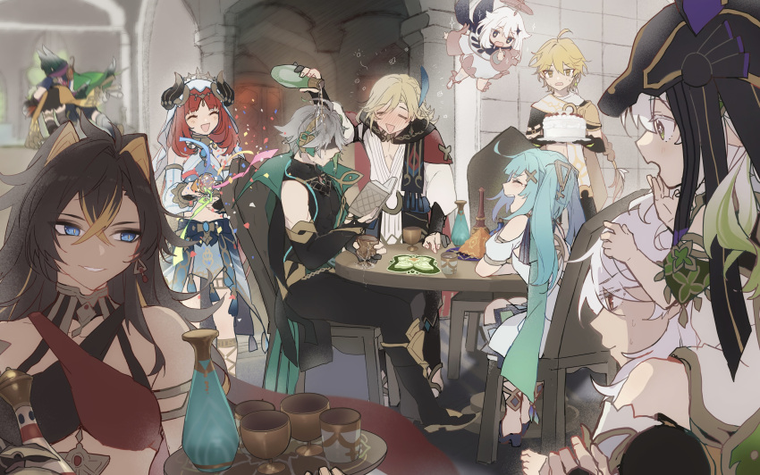 5boys 6+girls absurdres aether_(genshin_impact) alhaitham_(genshin_impact) animal_hat black_scarf blonde_hair blue_eyes book braid broken_cup brown_hair cake cape carrying carrying_person chair closed_eyes closed_mouth collei_(genshin_impact) confetti cowlick crossed_bangs crushing cup cyno_(genshin_impact) dehya_(genshin_impact) dress drink drunk facing_another fake_horns faruzan_(genshin_impact) fingerless_gloves fleeing floating food genshin_impact gloves green_hair grey_hair grin hair_between_eyes hair_ears halo harem_outfit hat headphones height_difference highres holding holding_book holding_cup holding_tray horns hoshiyui_tsukino indoors kaveh_(genshin_impact) laughing long_hair looking_at_another mechanical_halo multicolored_hair multiple_boys multiple_girls nahida_(genshin_impact) nilou_(genshin_impact) on_chair on_shoulder open_book open_mouth paimon_(genshin_impact) pants pouring pouring_onto_another redhead romper running scarf shaded_face shirt short_hair single_braid sitting sitting_on_person sitting_on_shoulder slit_pupils smile standing sweat table tan tearing_up tighnari_(genshin_impact) tray two-tone_hair veil very_long_hair wet wet_hair white_hair white_romper
