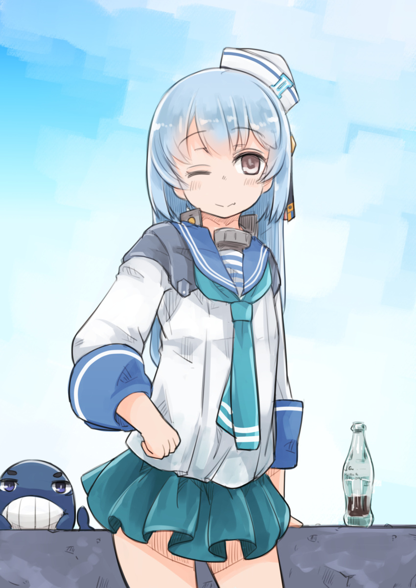 1girl alternate_hairstyle blue_hair blue_sailor_collar blue_skirt blue_sky bottle brown_eyes clouds coca-cola commentary_request commission cowboy_shot dixie_cup_hat enjaku_izuku hair_down hat highres kantai_collection little_blue_whale_(kancolle) long_hair long_sleeves military_hat one_eye_closed pleated_skirt sailor_collar samuel_b._roberts_(kancolle) samuel_b._roberts_mk_ii_(kancolle) school_uniform serafuku shirt skirt sky soda_bottle solo whale white_headwear white_shirt