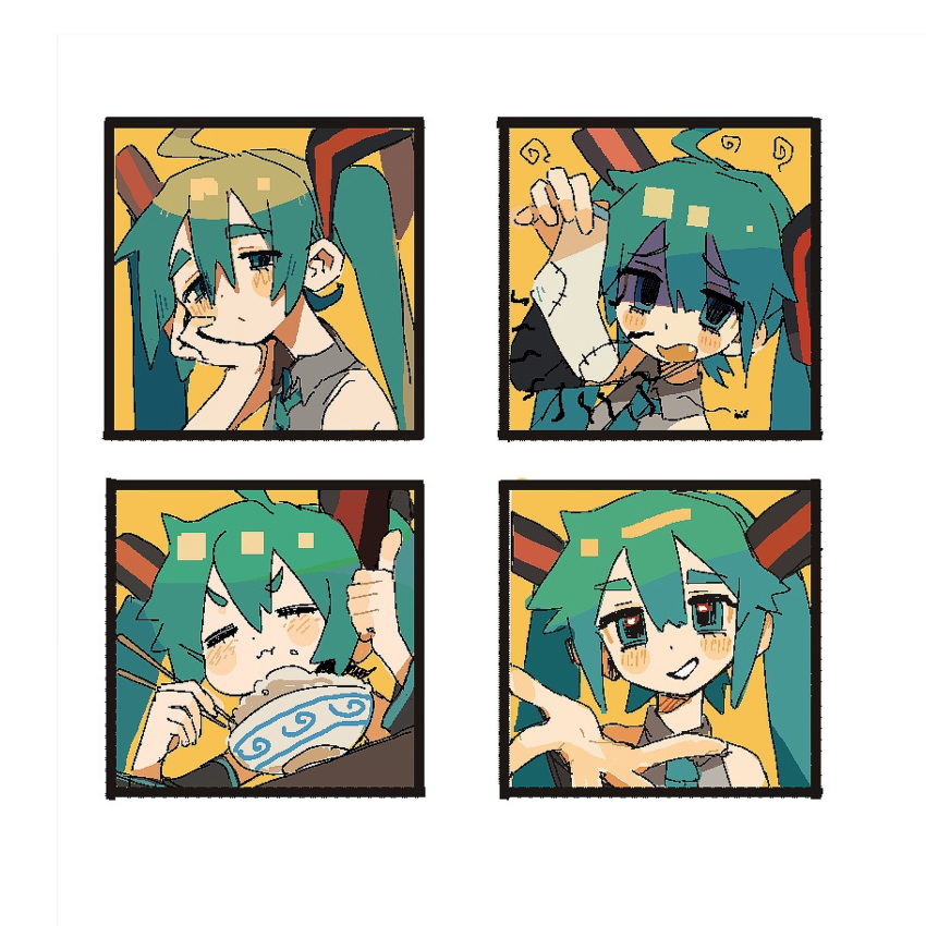 1girl ahoge aqua_eyes aqua_hair aqua_necktie bare_shoulders black_border blush_stickers border bowl chopsticks closed_mouth eating expressions fang food grey_shirt hair_between_eyes hand_on_own_cheek hand_on_own_face hashtag_only_commentary hatsune_miku highres holding holding_chopsticks holding_sock light_blush looking_at_viewer necktie open_mouth outstretched_hand pout reaching reaching_towards_viewer rice_bowl shaded_face shirt sidelocks smile solo suuroku thumbs_up twintails vocaloid white_background