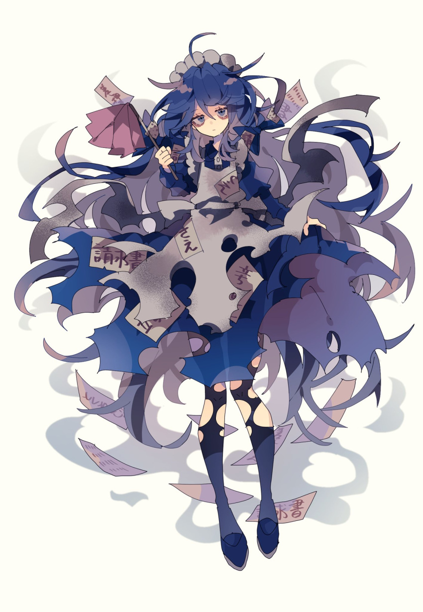 1girl :| bags_under_eyes blue_eyes blue_hair closed_mouth debt duster full_body highres holding holding_duster long_hair maid maid_headdress messy_hair nikorashi-ka pantyhose simple_background solo torn_clothes torn_pantyhose touhou white_background yorigami_shion