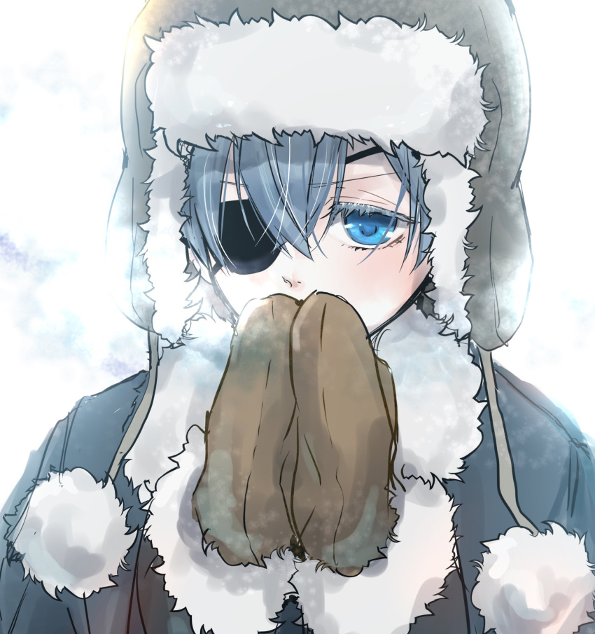 1boy bishounen blue_coat blue_eyes blue_hair breath ciel_phantomhive coat colored_eyelashes eyepatch fur-trimmed_coat fur-trimmed_sleeves fur_hat fur_trim gloves hair_between_eyes hat highres kuroshitsuji light_blush looking_at_viewer male_focus pom_pom_(clothes) solo upper_body ushanka white_background winter_clothes yu_ki_koo