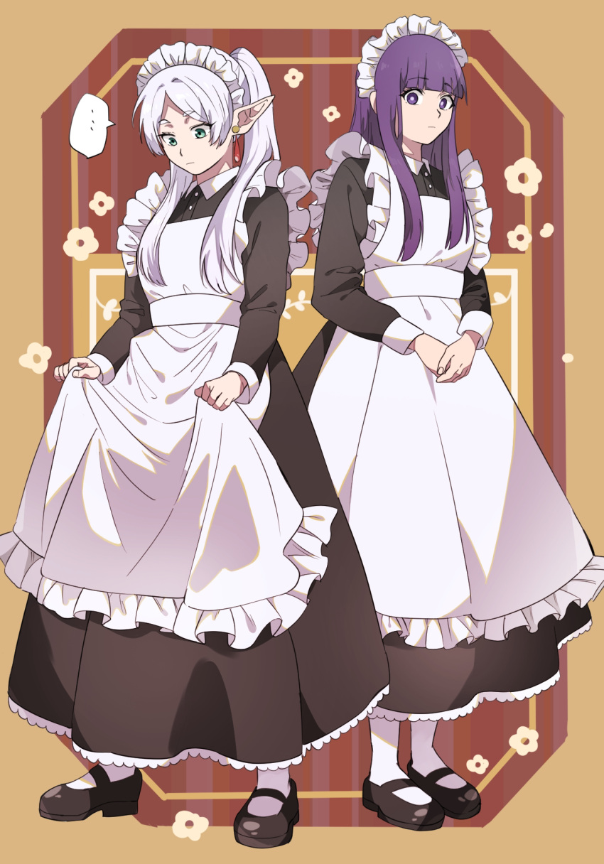 ... 2girls alternate_costume apron aqua_eyes black_dress black_footwear blunt_bangs collared_dress dress earrings elf enmaided fern_(sousou_no_frieren) flower frieren frilled_apron frills full_body hair_over_shoulder highres jewelry long_hair long_sleeves looking_at_viewer looking_down maid maid_apron maid_headdress mary_janes multiple_girls outside_border own_hands_together pantyhose parted_bangs pointy_ears poteke purple_hair red_background shoes sidelocks skirt_hold sousou_no_frieren spoken_ellipsis standing twintails violet_eyes white_apron white_hair white_pantyhose