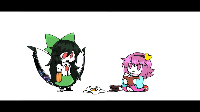 2girls :| arm_cannon arms_at_sides black_hair blue_shirt blush_stickers book bow cape cat closed_mouth cracked_egg dropped_food egg_(food) egg_yolk expressionless food frown green_bow green_skirt hair_bow hair_ornament hairband heart heart_hair_ornament highres holding holding_book jitome kaenbyou_rin kaenbyou_rin_(cat) komeiji_satori letterboxed long_hair looking_at_another looking_at_food looking_down multiple_girls open_book open_mouth parody pink_skirt print_cape priswocaer purple_hair red_eyes reiuji_utsuho shirt short_sleeves simple_background sitting skirt space_print standing starry_sky_print tearing_up third_eye third_eye_on_chest touhou violet_eyes weapon white_background white_cape wide_sleeves wings yudetamago_yudemasu!!!!_(utau)