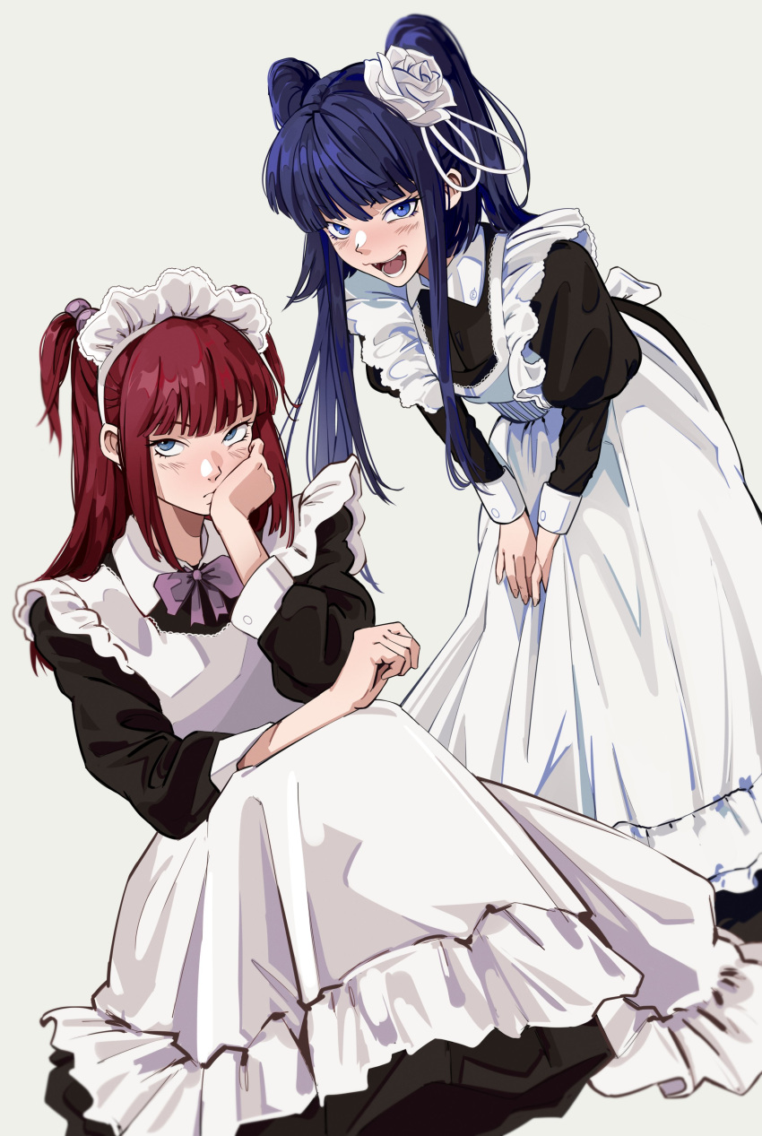 2girls absurdres alternate_costume apron black_dress blue_eyes blue_hair bowing dress enmaided fangs flower frilled_apron frills furudo_erika hair_flower hair_ornament hand_on_own_face highres juliet_sleeves long_dress long_hair long_sleeves looking_at_viewer maid maid_apron maid_headdress multiple_girls puffy_sleeves redhead sidelocks twintails two_side_up umineko_no_naku_koro_ni uneasywolf ushiromiya_ange white_apron white_background