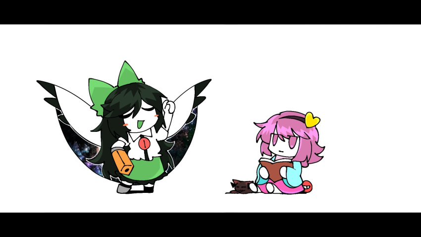 2girls :| arm_cannon arm_up black_hair blue_shirt blush_stickers book bow cape cat closed_eyes closed_mouth egg expressionless green_bow green_skirt hair_bow hair_ornament hairband hand_on_own_hip heart heart_hair_ornament highres holding holding_book holding_egg jitome kaenbyou_rin kaenbyou_rin_(cat) komeiji_satori letterboxed long_hair looking_at_another multiple_girls open_book open_mouth parody pink_skirt print_cape priswocaer purple_hair reiuji_utsuho shirt short_sleeves simple_background sitting skirt smile space_print standing starry_sky_print third_eye third_eye_on_chest touhou violet_eyes weapon white_background white_cape wide_sleeves wings yudetamago_yudemasu!!!!_(utau)