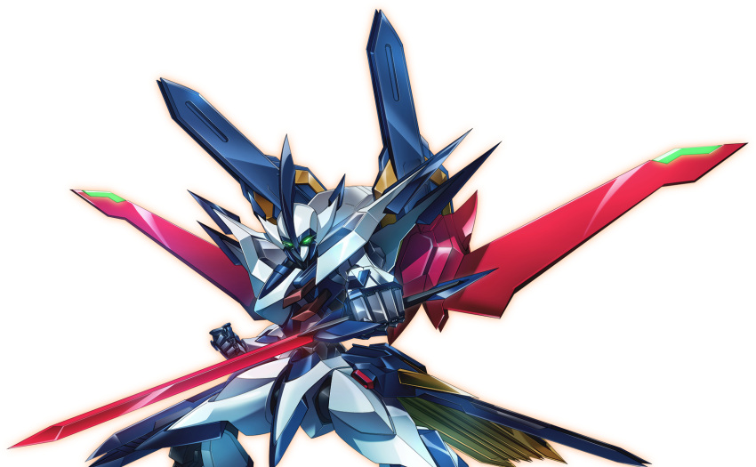 arm_up artist_request clenched_hand code_geass code_geass:_lost_stories fighting_stance glowing glowing_eyes green_eyes highres holding holding_sword holding_weapon legs_apart looking_at_viewer mecha mecha_focus no_humans non-web_source official_art orange_outline outstretched_arm pendulum_(code_geass) robot simple_background standing sword transparent_background weapon