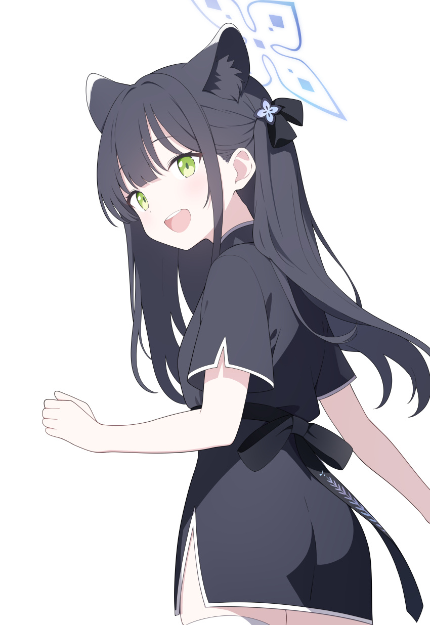 1girl absurdres animal_ears black_dress black_hair blue_archive blue_halo blush chinese_clothes cowboy_shot dress extra_ears green_eyes halo highres jyt long_hair open_mouth short_sleeves shun_(blue_archive) shun_(small)_(blue_archive) simple_background smile solo two_side_up white_background