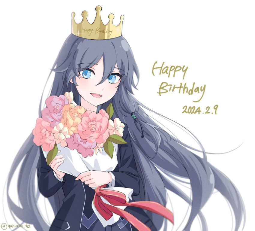 black_jacket black_shirt black_shorts black_sleeves blue_eyes blue_hair bow crown dated flower fu_hua grey_hair hair_between_eyes happy_birthday highres honkai_(series) honkai_impact_3rd jacket leaf long_hair long_sleeves looking_at_viewer object_on_head official_alternate_costume open_clothes open_jacket open_mouth orange_flower pink_flower red_bow shirt shorts simple_background twitter_username upper_body white_background white_flower yuhuria_52