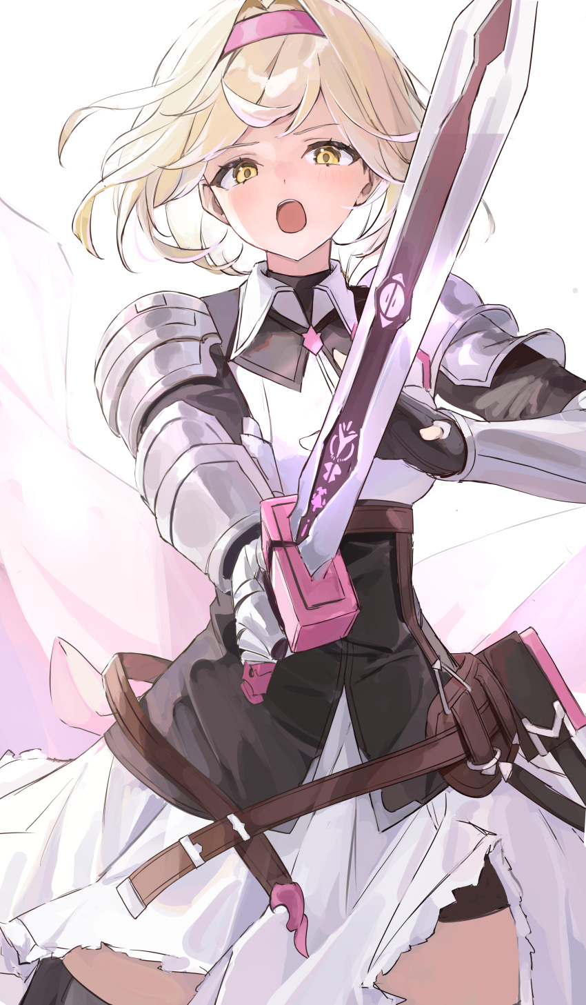 1girl absurdres armor armored_dress belt_pouch blonde_hair collared_dress commentary_request cowboy_shot djeeta_(granblue_fantasy) dress gauntlets granblue_fantasy hairband highres holding holding_sword holding_weapon looking_at_viewer medium_hair open_mouth pauldrons pink_hairband pouch rebelwear_(granblue_fantasy) shiro_wa_(shiroshironix) shoulder_armor solo sword weapon white_dress yellow_eyes
