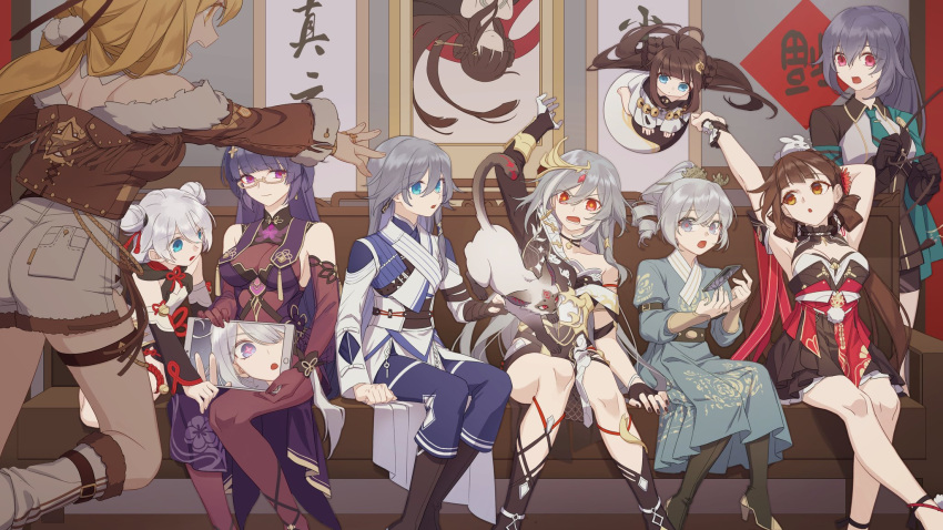 6+girls :o ahoge alvitr_(honkai_impact) animal animal_head animal_on_head arm_up asymmetrical_gloves bare_shoulders birthday black_nails blue_eyes blue_pants book_of_fuxi breasts bronya_zaychik brown_eyes cat chinese_clothes couch detached_sleeves dress drill_hair dual_persona flat_chest fu_hua fu_hua_(azure_empyrea) fu_hua_(herrscher_of_sentience) fu_hua_(taixuan_impression) glasses gloves green_necktie grey_hair hair_bun high_ponytail highres honkai_(series) honkai_impact_3rd indoors jewelry kiana_kaslana kiana_kaslana_(herrscher_of_finality) large_breasts li_sushang li_sushang_(jade_knight) long_hair long_sleeves looking_at_another multiple_girls necktie official_alternate_costume on_head open_mouth orange_hair orb outstretched_arm pants purple_hair rabbit rabbit_on_head raiden_mei raiden_mei_(herrscher_of_thunder) red_eyes shorts sitting small_breasts smile stan_(honkai_impact) standing star-shaped_pupils star_(symbol) stretching susannah_manatt susannah_manatt_(valkyrie_quicksand) symbol-shaped_pupils tablet_pc theresa_apocalypse theresa_apocalypse_(valkyrie_pledge) v violet_eyes white_cat white_gloves white_hair white_shorts yin_yang yin_yang_orb zhaonan