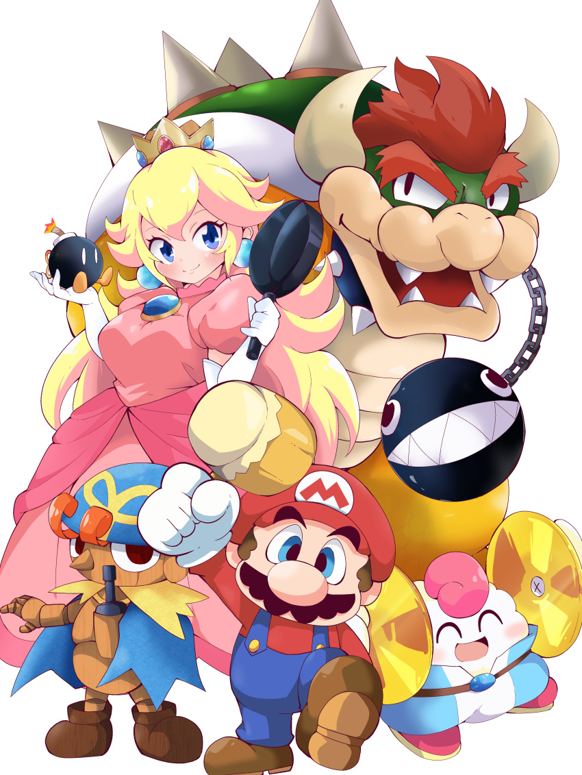 1girl 4boys absurdres blonde_hair blue_cape blue_eyes blue_headwear bob-omb bowser brooch brown_hair cape chain_chomp collar crown cymbals dress earrings elbow_gloves facial_hair fangs frying_pan geno_(mario) gloves hat highres holding holding_mallet horns instrument jewelry looking_at_viewer mallet mallow_(mario) mario multiple_boys mustache overalls pink_dress princess_peach puffy_short_sleeves puffy_sleeves red_headwear shinsou_komachi short_sleeves simple_background smile spiked_collar spikes super_mario_bros. super_mario_rpg white_background white_gloves