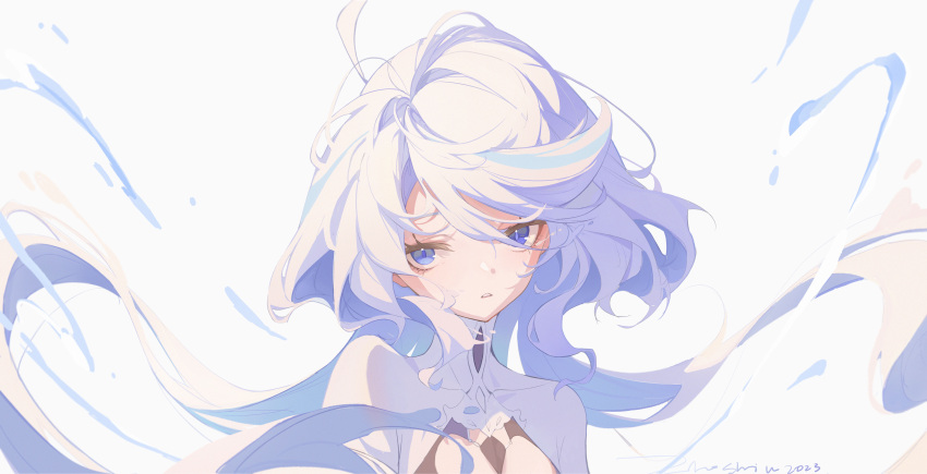 1girl absurdres blue_brooch blue_eyes blue_hair cleavage_cutout clothing_cutout cowlick crying dot_nose drop-shaped_pupils focalors_(genshin_impact) frown highres light_blue_hair long_hair looking_at_viewer lumine_(genshin_impact) messy_hair multicolored_hair shirt solo streaked_hair tears teeth upper_body water white_background white_shirt xiaoyu010814