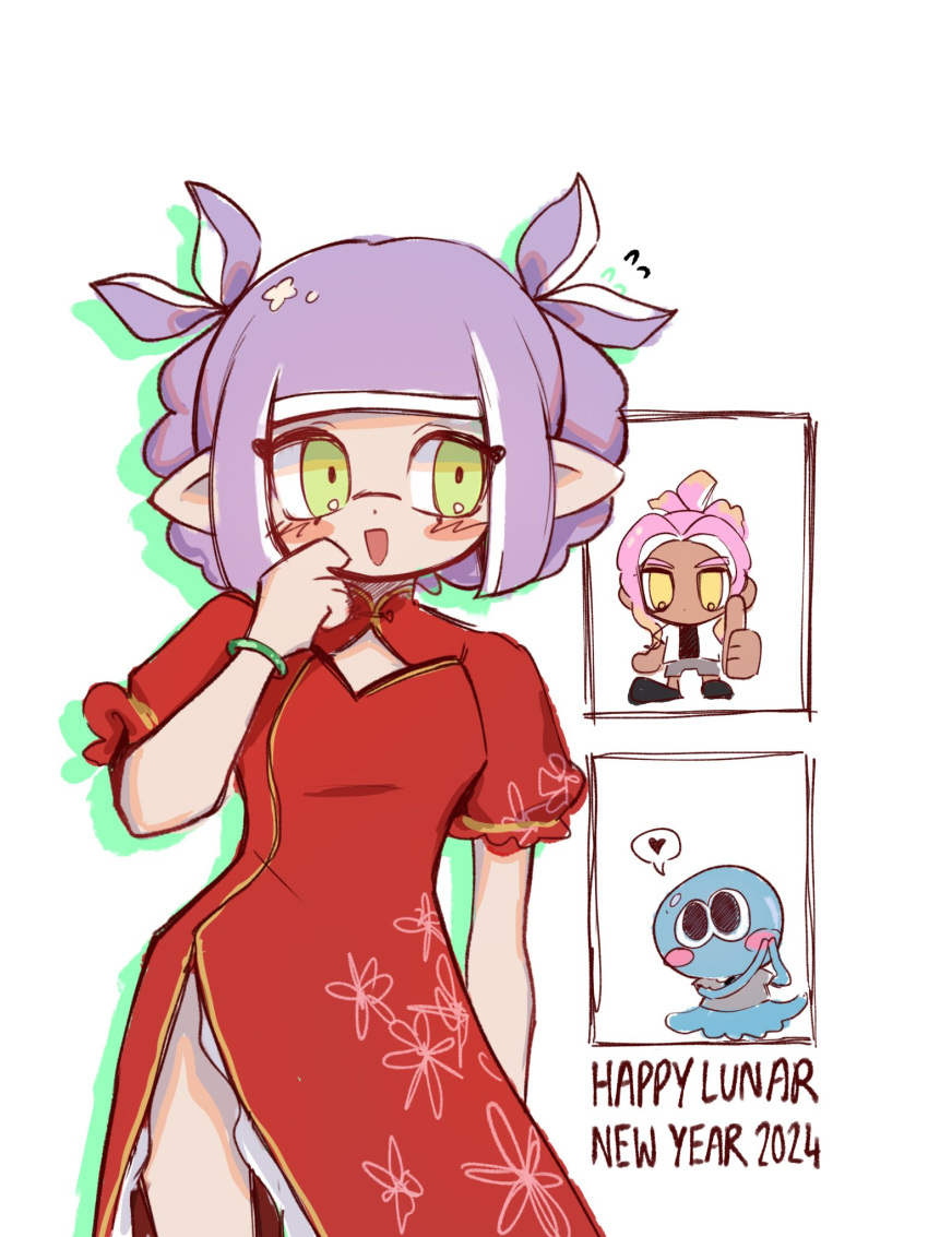 1girl 2024 :d blush chinese_clothes chinese_new_year commentary dress eyelashes green_bracelet green_eyes happy_new_year heart highres inkling_girl inkling_player_character j_ynwq jellyfish_(splatoon) medium_hair open_mouth pink_hair pointy_ears purple_hair red_dress short_twintails simple_background smile splatoon_(series) splatoon_3 spoken_heart standing tentacle_hair twintails white_background yellow_eyes